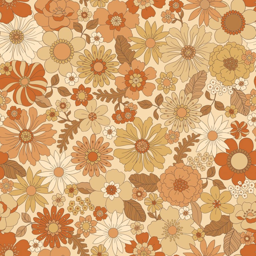 Tapety Yara - Tapeta s retro květinovým vzorem, žlutá, oranžová, Floral Fever, Esta Home Tapeta s retro květinovým vzorem, žlutá, oranžová, Floral Fever, Esta Home - Tapety Yara