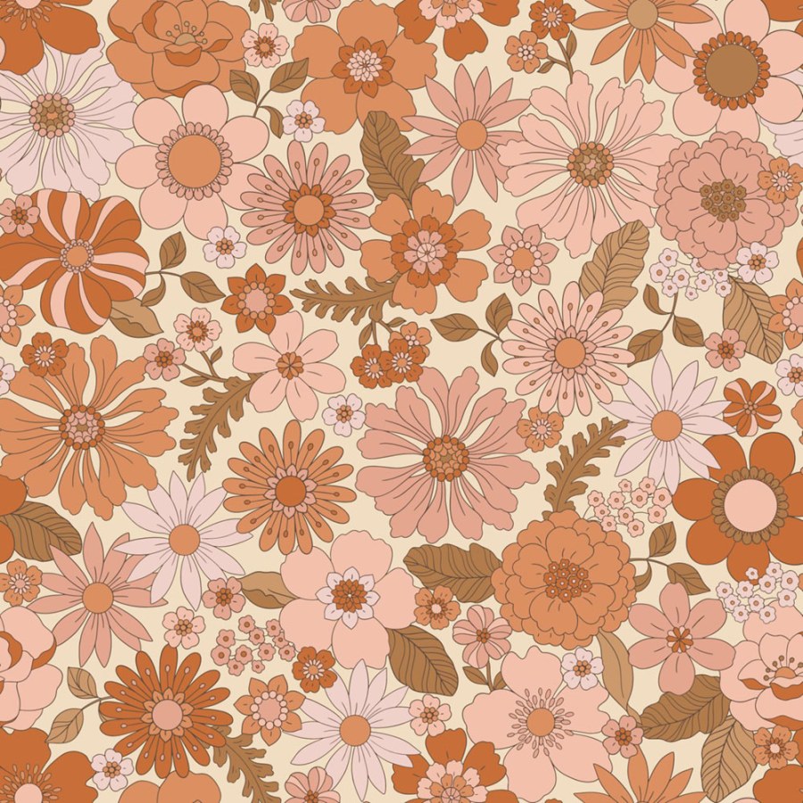 Tapeta s retro květinovým vzorem, béžová, oranžová, Floral Fever, Esta Home Tapeta s retro květinovým vzorem, béžová, oranžová, Floral Fever, Esta Home