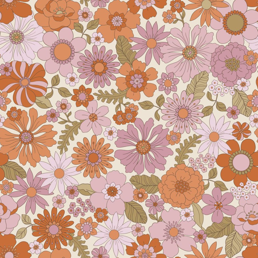 Tapeta s retro květinovým vzorem, bílá, oranžová, Floral Fever, Esta Home Tapeta s retro květinovým vzorem, bílá, oranžová, Floral Fever, Esta Home