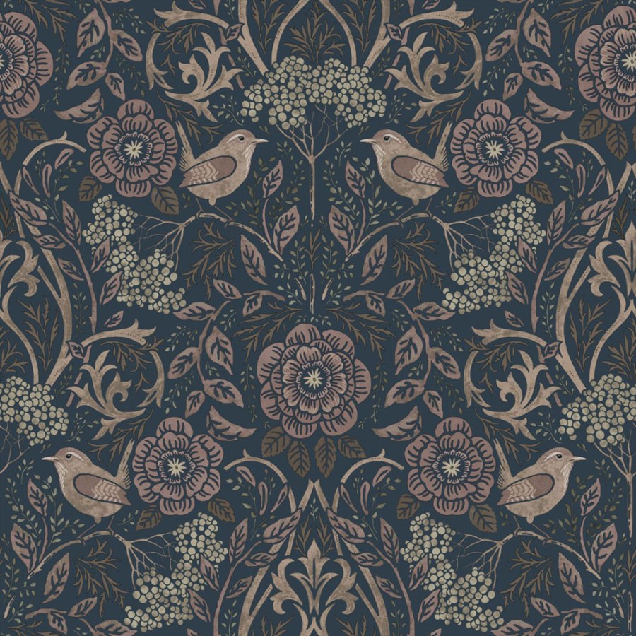 Tapeta s květinami a ptáky, modrá, starorůžová, Floral Fever, Esta Home