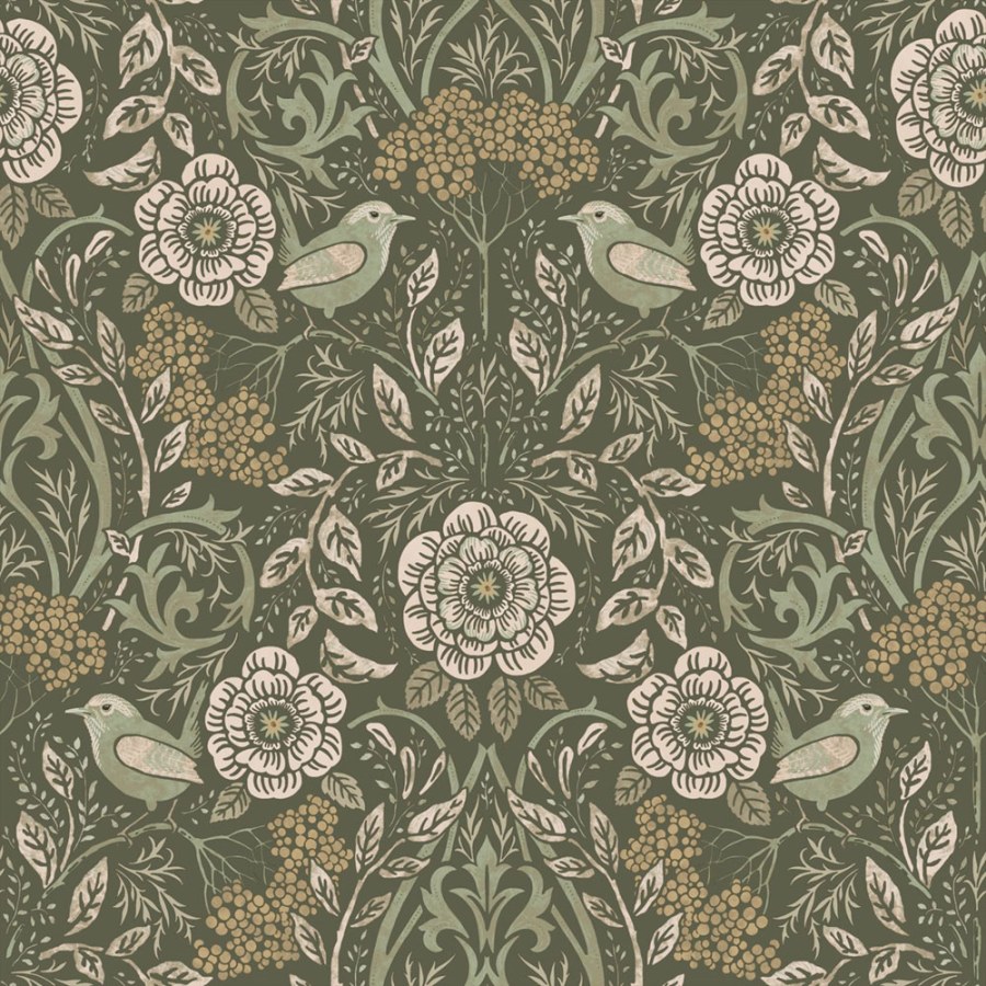 Tapeta s květinami a ptáky, zelená, Floral Fever, Esta Home Tapeta s květinami a ptáky, zelená, Floral Fever, Esta Home